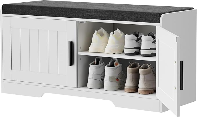 2-Tier Storage Bench, Shoe Bench with Thickened Padded Seat Cushion, Entryway Bench with 2 Doors, Adjustable Shelf, 13.8" D x 37.4" W x 18.5" H, for Entryway, Living Room, Bedroom, White