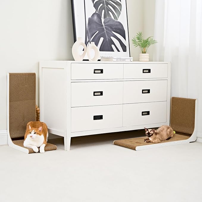 EHEYCIGA Cardboard Cat Scratcher for Indoor Kitten Cats, 19 Inch L Shaped Vertical Cat Scratching Board with Ball Cat Toy, Small Cat Scratcher Pad, White