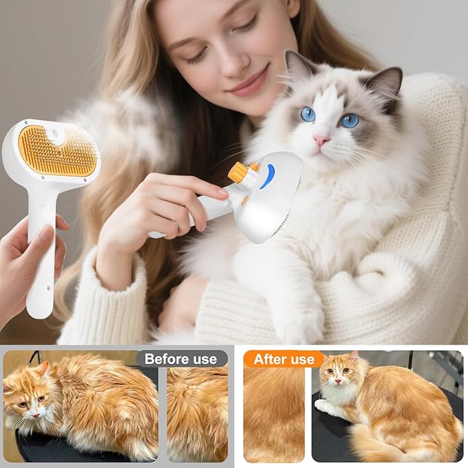 Pet Steam Brush for Dog & Cat - 3-in-1 Steam Grooming Brush for Shedding & Hair Removal - Self Cleaning Spray Comb with Mist for Long Haired Pets, Yellow