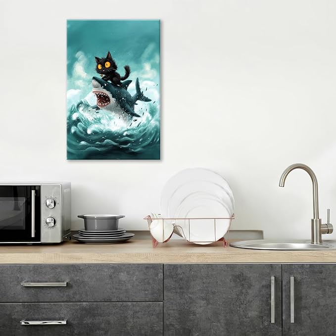 Funny Black Cat Bathroom Wall Art Cute Cat Riding Shark Canvas Wall Decor Animal Kitten Pictures Painting Print Artwork Framed Decorations Gifts for Cat Lover Kids Room Bedroom 16"x24"