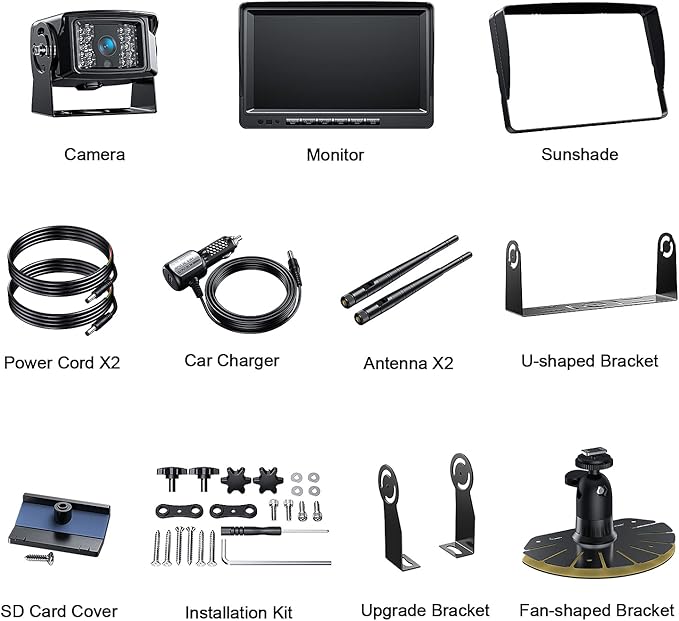Fookoo HD 1080P 9" Wireless Backup Camera System, 9-inch Dual/Quad Split Monitor w/Recording, Supports 4 Cameras, IP69 Waterproof Rear View Cam Parking Lines 32GB SD Card for RV/Trailer/Truck(DW901)