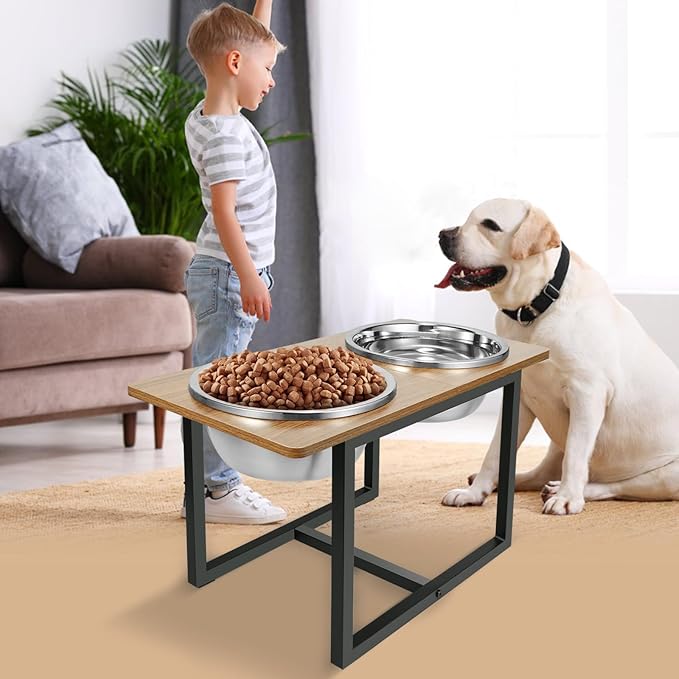 Elevated Dog Bowls for Large Dogs, Raised Dog Bowl Stand with Two X-Large Stainless Steel Bowls for Dogs, 3.5L Capacity, Rustic Walnut