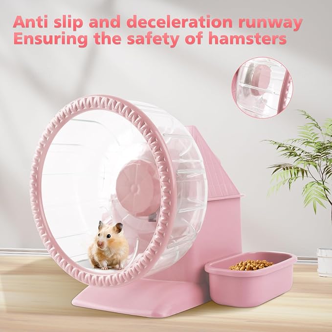 4 in 1 Silent Large Hamster Wheel Multifunctional Hamster Running Wheel Quite Running Spinner Wheel Accessories with Food Bowl Water Bottle for Hamsters Dwarf Gerbil (Pink)