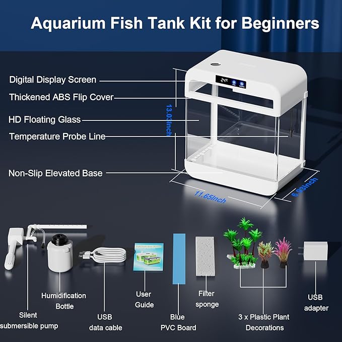 Fish Tank Aquarium 2.2 Gallon with 7 Color Auto-Looping Light, Fish Bowl with Humidifier 3 in 1 Pump - Filteration & Oxygenation & Circulation, Temperature Display, HD Float Glass, Thickened Base
