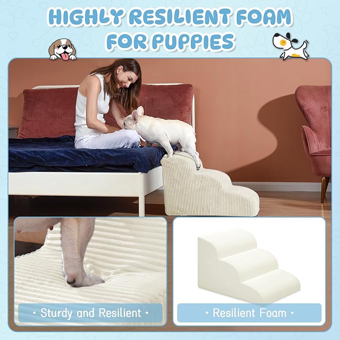 Dog Steps for Small Dogs, 3-Step Pet Ramp Stairs for High Beds and Sofa, Non-Slip Pet Stairs for Small Dogs and Cats, Removable and Easy to Clean Cover, Beige