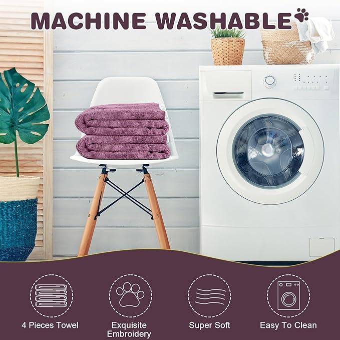 Chumia 4 Pack Dog Towels for Drying Large Microfiber Grooming Tools Absorbent Soft Bath Supplies with Embroidered Paw for Small Medium Pet Products(30 x 50 Inch,Purple)