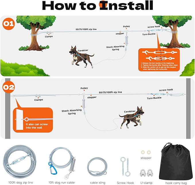 75ft Dog Runner for Yard Large Dog Heavy Duty with Double Shock Absorbers Tangle-Free Aerial Trolley System for Large Dogs Up to 250lbs (Orange)