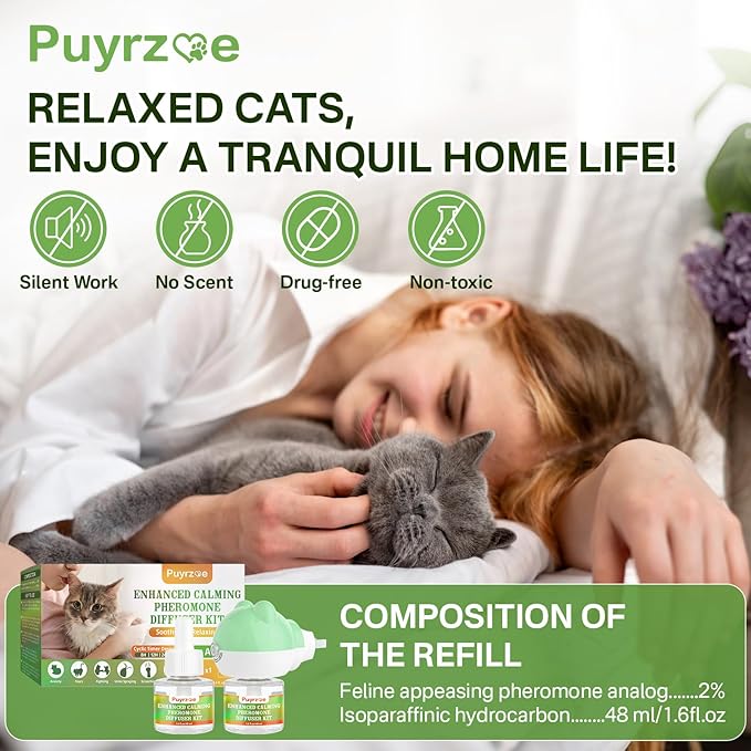 Cat Calming Diffuser with Three Timing Functions, 3-in-1 Cat Pheromones Calming Diffuser Kit, 60-Day Anxiety Relief, Stress Reduction & Relaxation for All Cats (1 Diffuser + 2 Refills)