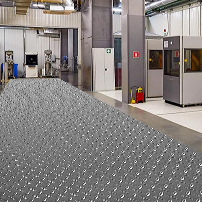 5Ft x 12Ft Rubber Flooring Mats 1.6mm Diamond Plate Flooring Roll 60sqft Rubber Trailer Garage Floor Mats Non-Slip Floor Protector Mat for Garage Warehouse Gym Basement-Gray