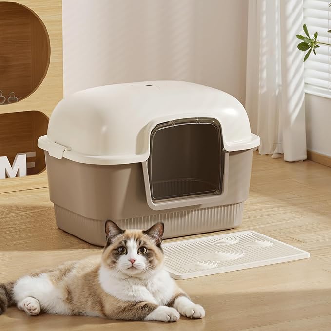 Cat Litter Box with Litter Mat and Scoop,High Wall Enclosed Cat Litter Boxes for Anti-Leakage, Covered Kitty Litter Box with Handle and Buckles for Portability and Privacy, Odor Control (Brown)