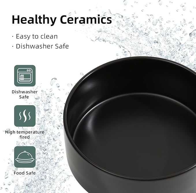 Ceramic Raised Double Bowls Set with Stand, Food & Water Bowls for Medium Breed Dogs, Weighted Dog Dishes, Pet Bowl(7.3'',41OZ, Black)