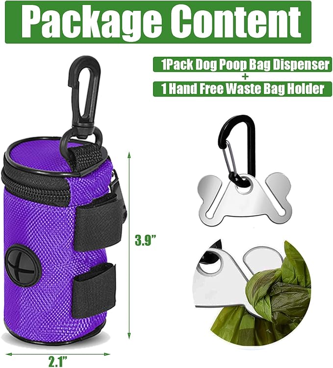 Dog Poop Bag Holder for Leash Attachment - Waste Bag Dispenser for Leash - Fits Any Dog Leash - Portable Set with Hand Free Holder Metal Carrier, Round Shape, Purple