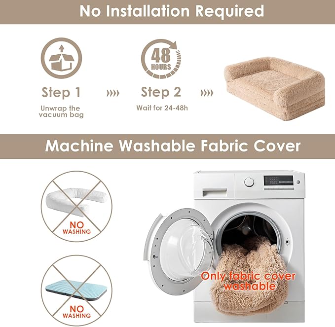 EHEYCIGA Foldable Dog Bed, Faux Fur Fluffy Dog Couch Bed, Orthopedic Calming Memory Foam Pet Bed for Small Dogs, Washable Soft Warm Pet Sofa Bed with Non-Slip Bottom, Camel, 40"x30"x6"