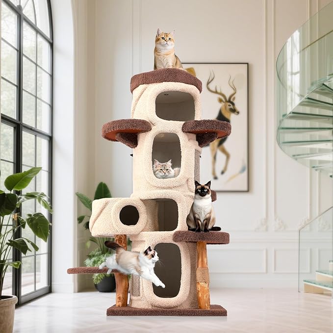 69.69'' Modern Cat Tree for Indoor Cats Large Adult, Luxury Cat Tower with Scratching Post, Multi Level Spacious Condo, Heavy Duty Kitty House, Sturdy Cat Activity Center for Large Cat