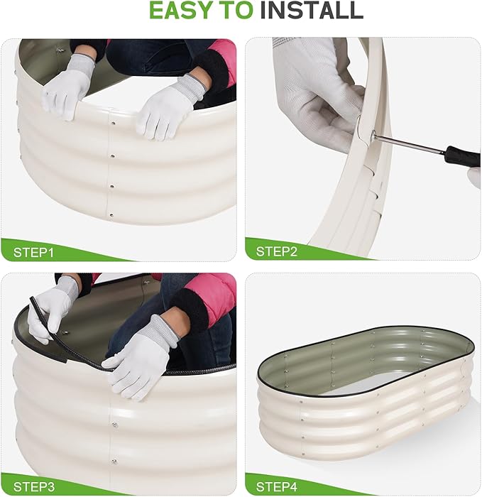 Galvanized Raised Garden Bed Outdoor - 4×2×1ft Planter Raised Beds for Gardening | Oval Metal Garden Planter Box with Safety Edging and Gloves for Vegetables Fruits and Flowers - White