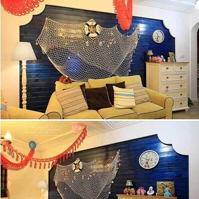 Nature Fish Net Wall Decoration with Shells, Ocean Themed Wall Hangings Fishing Net Party Decor for Pirate Party,Wedding,Photographing Decoration (Fishnet-2pack-Beige & Blue)