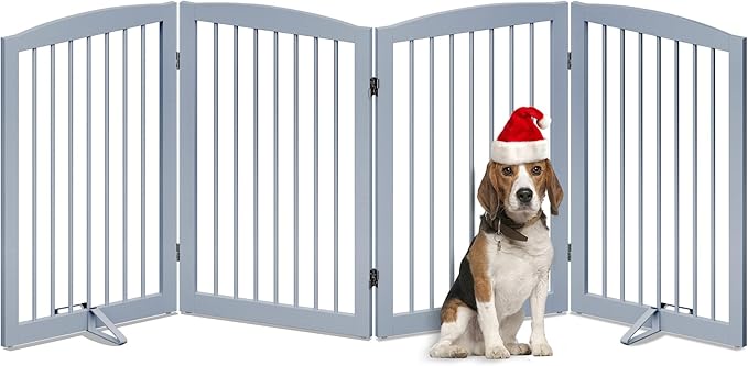 Freestanding Wooden Pet Gate - Foldable Indoor Dog Gate, 80 Inch Wide, 4 Panels, Grey