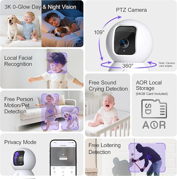 3K Pet/Dog Camera Indoor w/Phone App, No Monthly Fee 64GB Local Storage & AI Tracking Face ID, 2.4/5GHz WiFi Cameras for Home Security Baby Monitor, Pan/Tilt, 2-Way Talk