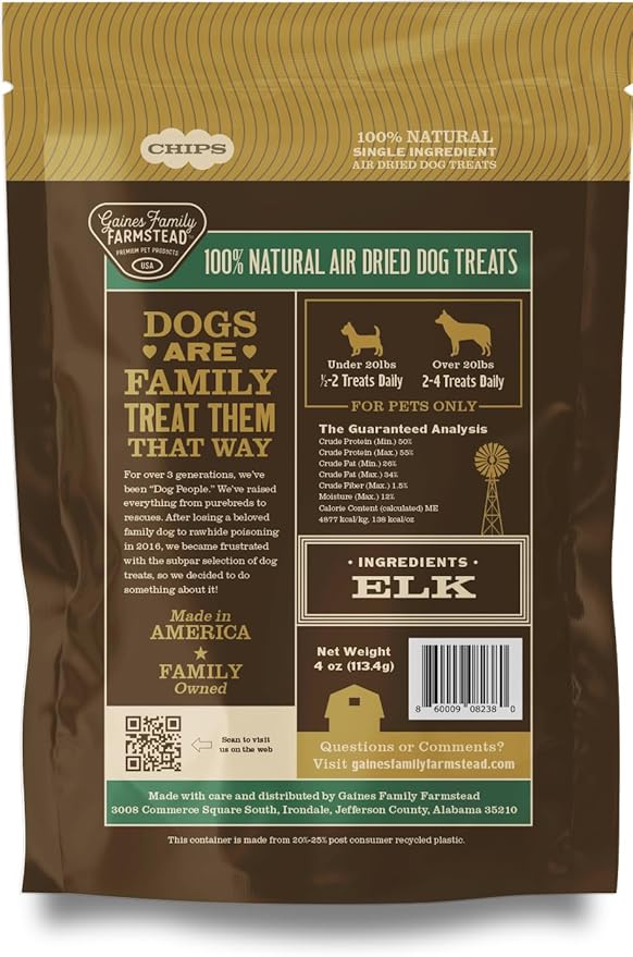 Gaines Family Farmstead Elk Chips for Dogs – 4 oz, Natural Single-Ingredient Dog Treats, High-Protein Rawhide-Free Chews, Healthy Grain-Free Snacks, Made in USA