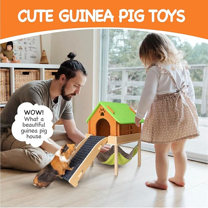 3 in 1 Enlarged Guinea Pig Hammock with House & Platform,Wooden Guinea Pig Hideout with Hammock & Stairs Small Animal Toys for Hiding Sleeping Activities