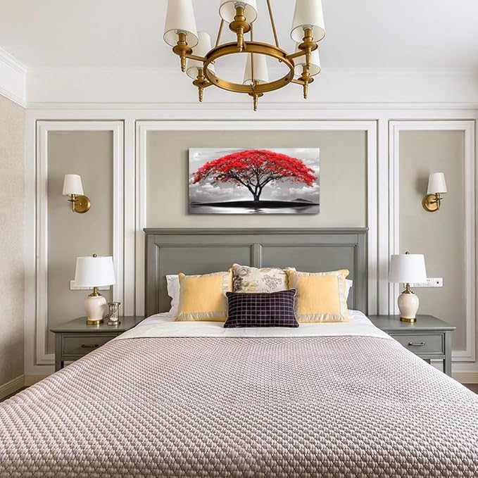 canvas wall art for living room bathroom Wall Decor Black and white landscape red tree moon scenery Hang painting Home Decorations for office bedroom kitchen Works canvas Prints pictures 20" x 40"inch