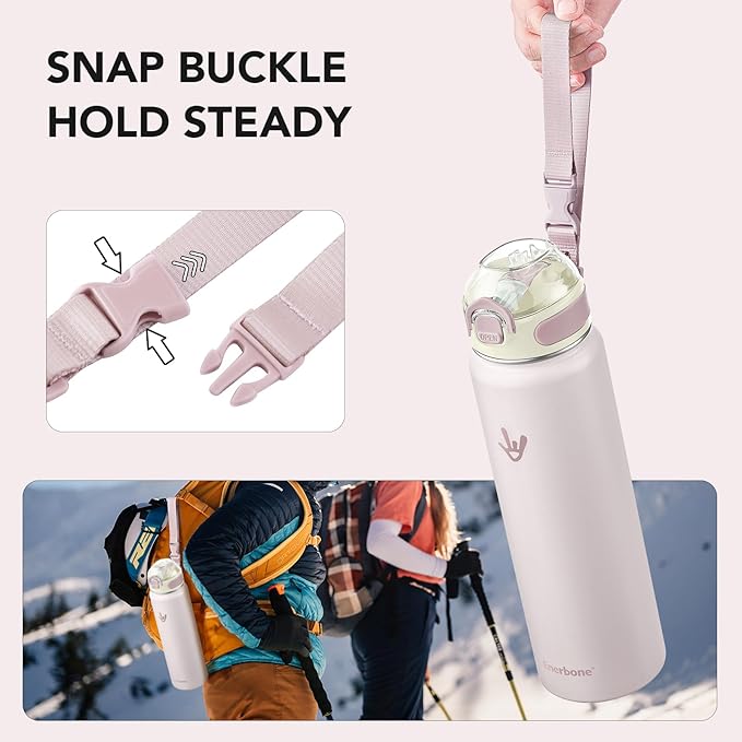 Enerbone 32 oz Insulated Water Bottle, Stainless Steel Bottle with Carrying Strap, Double-Wall Vacuum Insulation Design, Leakproof Sports Bottle with Straw, Keep Drinks Cold or Hot for Hours