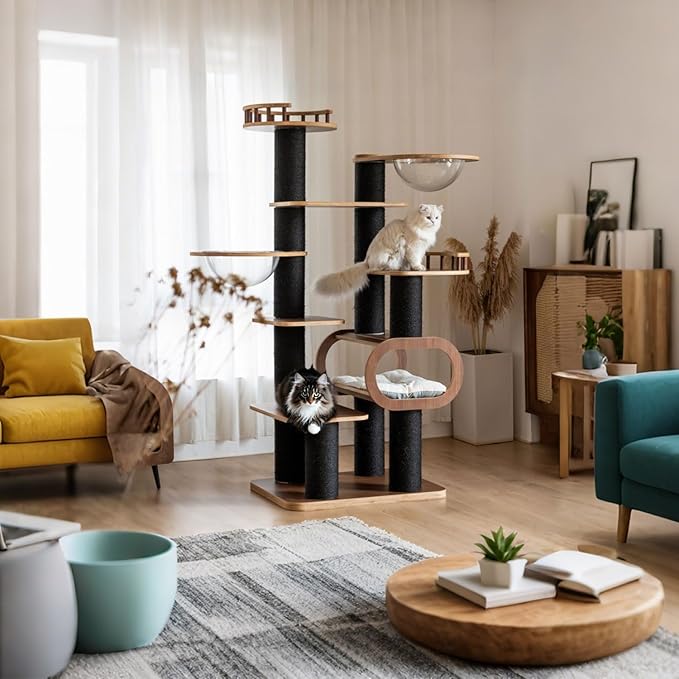 70.8'' Tall Luxury Cat Tree,All i,ne One Black Walnut Wood Modern Cat Tower for Indoor Large,Huge Multi-Level Cat Furniture with Scratching Posts,Condo,Cushion,Clear Bowl,Platform for Home Decoration