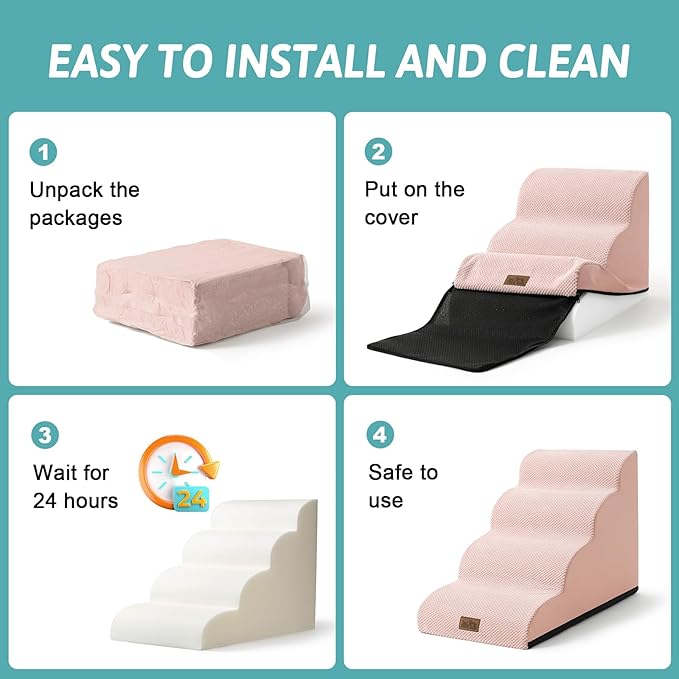 Dog Stairs for Small Dogs 15.7" H, Curved Dog Step for Puppy, Older Cat, Medium Pet Ramp for Sofa, Couch or Bed, Ladder with High Density Foam, 15.7x22.4x15.7 inch, 3 Step, Pink
