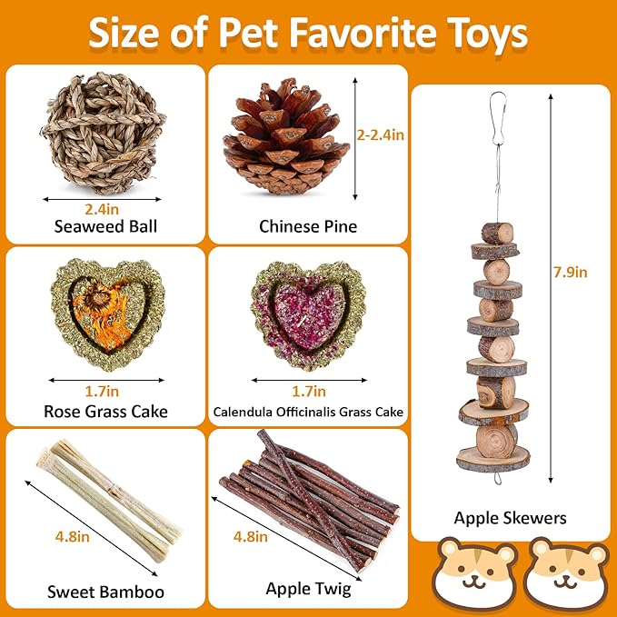 VESPRO Hamster Toys Set, Guinea Pig Toys Small Animal Chewing Toy and Rat Cage Accessories, Chinchillas, Gerbils, Rats, Rabbit Rodents Teeth Care, Apple Wood Timothy Hay Mouse Toy Swing Seesaw Bridge