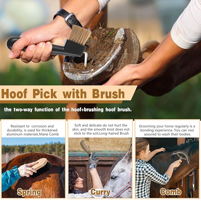 Abbylike 12 Pieces Horse Grooming Kit with Organizer Tote Bag Tack Room Supplies Horse Brush Sets Equine Care Cleaning Kit Shedding Grooming Massaging Tools(Khaki)