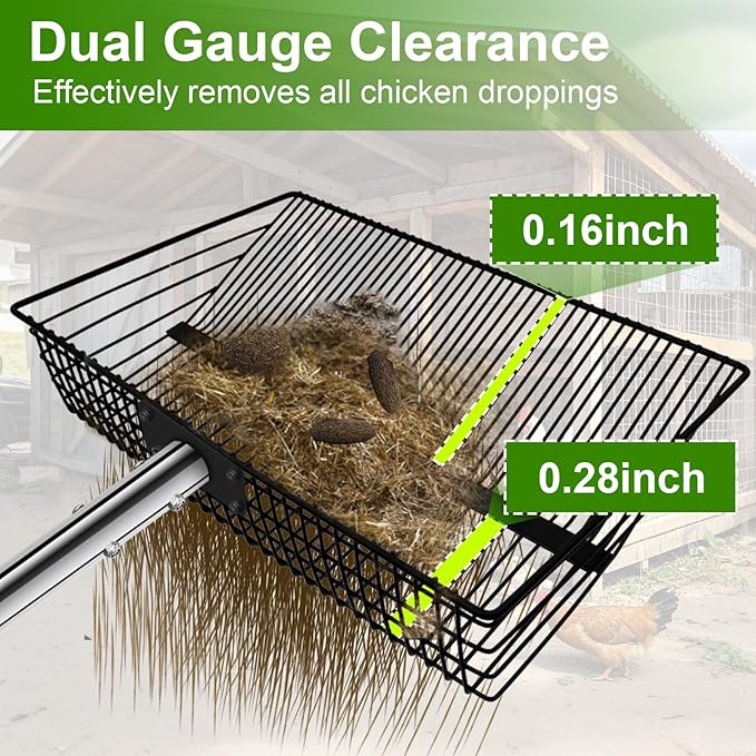 12inch Large Chicken Poop Scooper,2 Widths of Slots Litter Sifting Shovel (23 to 66"),Chicken Coop Litter Scoop with Stainless Steel Handle, 4 in 1 Multifunctional Heavy Duty Chicken Coop Accessories