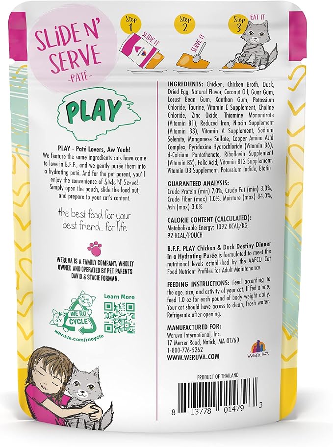 B.F.F. PLAY - Best Feline Friend Paté Lovers, Aw Yeah!, Chicken & Duck Destiny with Chicken & Lamb, 3oz Pouch (Pack of 12)