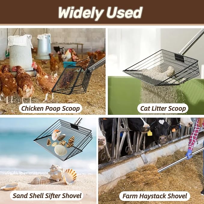 Chicken Poop Scooper for Sand - 10-inch 37 to 63" Long Chicken Coop Scoop with Stainless Steel Handle, Chicken Coop Cleaning Rake for Poop, Large Hen Litter Sifter Shovel