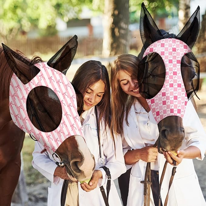 Chunful 6 Pcs Horse Fly Masks with Ears Smooth and Comfortable Cashel Mesh Fly Mask Elasticity Breathability UV Protection Horse Face Covering for Riding Supplies(Pink Bow,Medium)