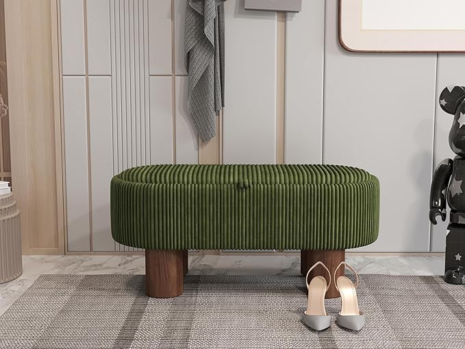 Bench with Storage 43 inch, Upholstered Corduroy Farbic Green Oval Footrest with Hidden Storage, Stool Modern Design Legs for Bedroom, Living Room, and Entryway Furniture Ottoman