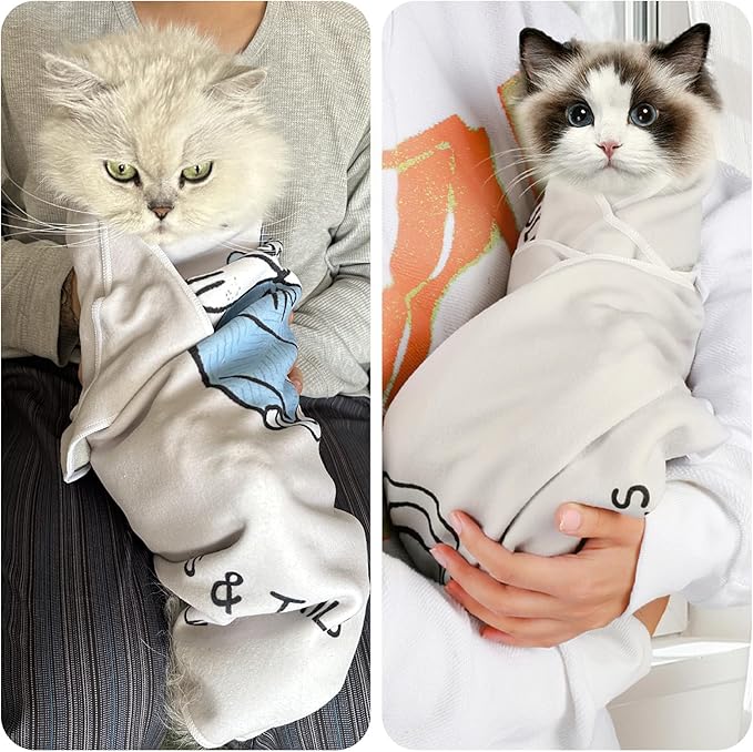 Cat Grooming Wrap: Premium Cat Wrap for Cutting Nails 2025 Thicker Upgraded, Self-Adherent Texture Hand Pocket Designed for Anti-Bite/Scratch, Eco-Friendly Dyed Funny Instruction & Pattern (Size L)