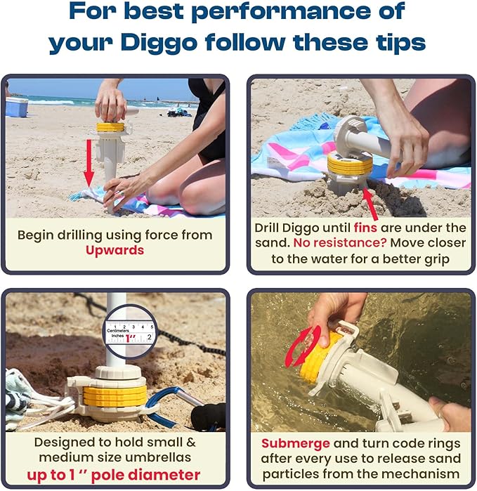 Diggo Dog Stake Beach Anchor - Dog Beach Essentials for All Dog Sizes - Unique 360° Head Rotating Combination Beach Lock System, Heavy Duty Tie Out Stake, Umbrella Sand Anchor, Designed for The Beach