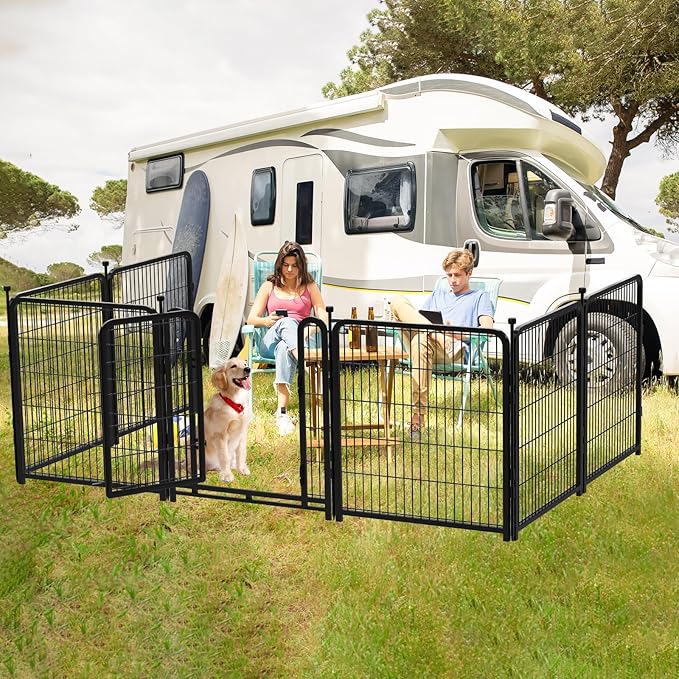Dog Playpen 48 inch(H) 8 Panels Total 17.7 Ft(L) Dog Fence Outdoor for Yard. Wide Door Low Threshold,Metal Dog Pen Heavy Duty Pet Puppy Exercise Pen for Rv Camping Garden Yard