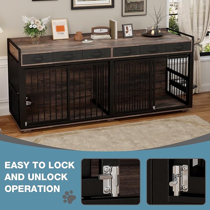 86.6Inch Large Double Dog Crate Furniture,Heavy Duty Metal Frame Dog Crate Kennel with Adjustable Feeder Bowls and Removable Divider&Drawers,Chew-Resistant Dog Kennel for 2 Dogs Indoor