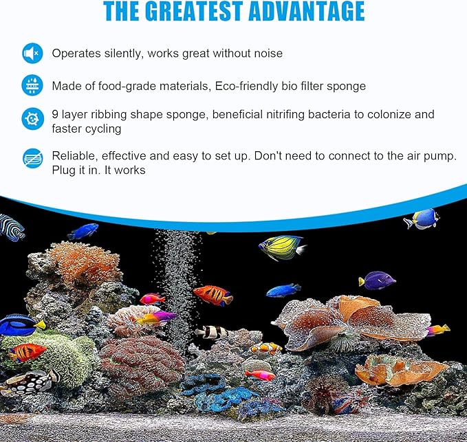 AQQA Aquarium Sponge Water Filter, Power Driven Double Biochemical Filter, Quiet Submersible Foam Filter with 2 Extra Sponges, 1 Bag of Filtered Ceramic Balls for Fresh and Salt Water Fish Tank (L)