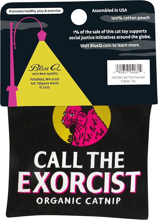 Blue Q Call The Exorcist Catnip Cat Toy. Premium Organic Catnip Grown in The USA, 100% Cotton Pouches, Kitty Graphics Sure to Delight Every Cat-Keeper.