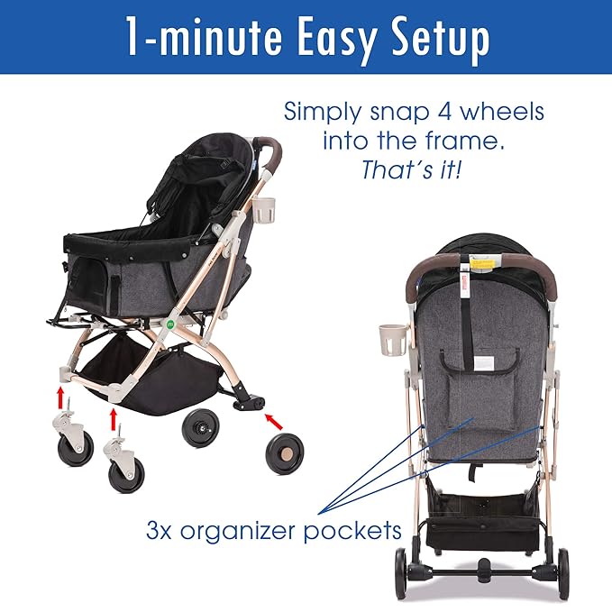 Lite Premium Light-Weight Dog/Cat/Pet Stroller Travel Carriage with Convertible Compartment/Zipper-Less Entry/1-Hand Quick Fold/Aluminum Frame for Small & Medium Pets (Black 2nd-Gen.)