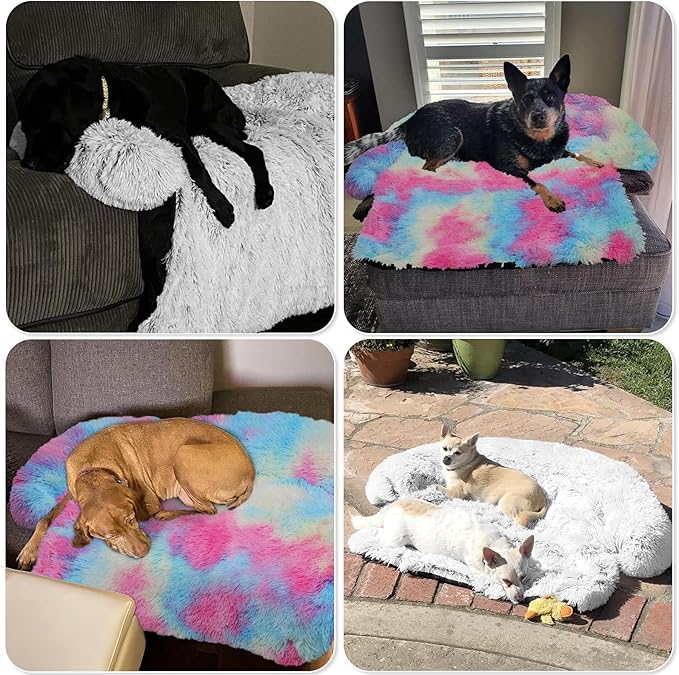 GGIB Calming Dog Bed Fluffy Plush Dog Mat for Furniture Protector with Removable Washable Cover for Large Medium Small Dogs and Cats (Medium, Rainbow)