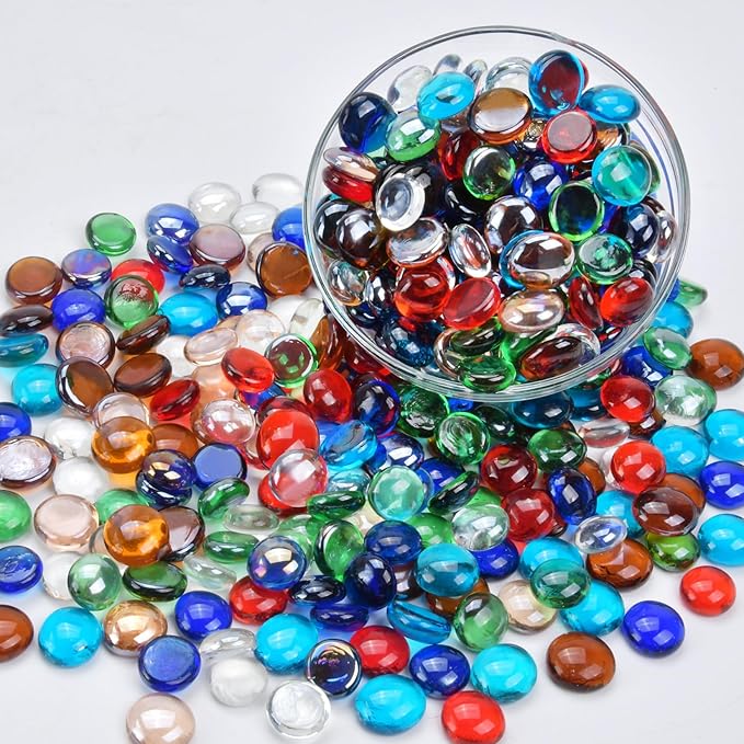 1LB Mixed Color Flat Glass Marbles for Vases, Mancala Stones Gemstone Beads Vase Filler Decorative Glass Pebbles for Fish Tank, DIY Crafts, Mosaics, Aquarium Decor Rocks, Candle Holders