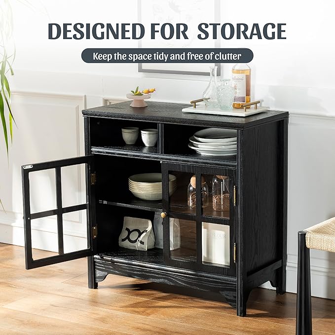 Chogori 31.5" Solid Wood Buffet Cabinet with Storage, Farmhouse Sideboard with 2 Doors, Coffee Bar Cabinet for Dining Room, Kitchen, or Living Room, Black