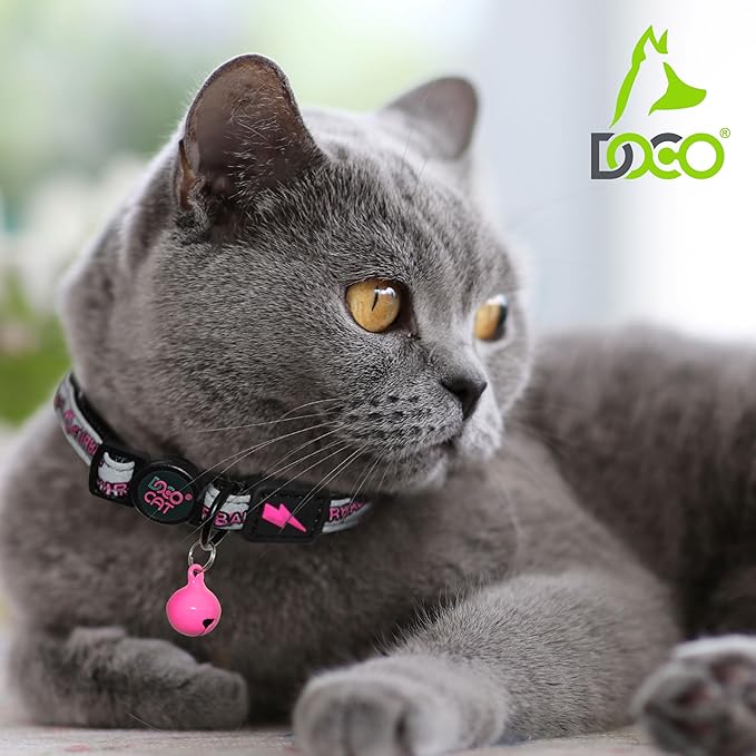 DOCO Cat Collar (Neck Girth - 3/8" x 7.5-12", Weight Upto - 13lb) Reflective Cat Collar with Bell, Breakaway Safety Buckle, Adjustable Nylon Strap for Kittens & Adult Cats (Black)