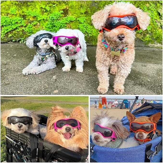 Dog Goggles Dog Sunglasses for Small Breed UV Protection Windproof with Adjustable Head Straps Chin Straps for Ride Car/Hiking Travel/On Beach-Pink