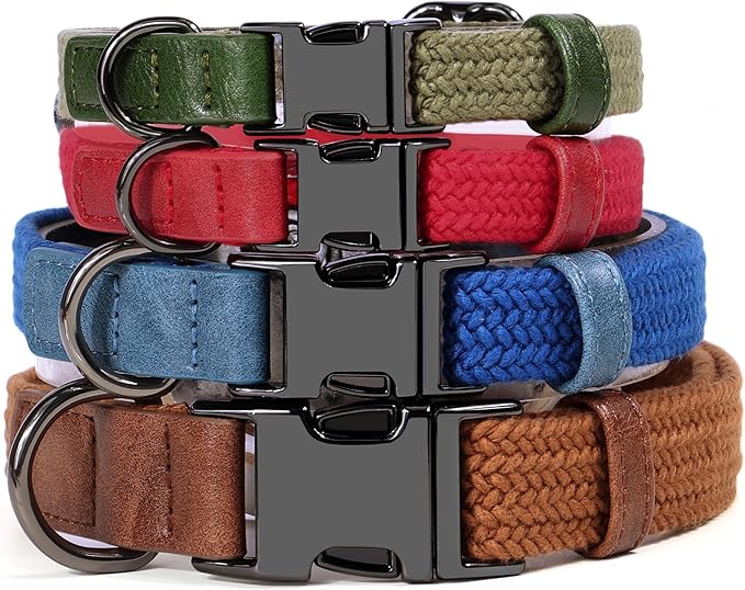 PET ARTIST Soft Cotton Dog Collars for Small Dogs in Stylish Green, Simple Dog Collar with Quick Release Metal Buckle & D Ring, S Size (10-16")