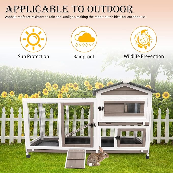 57" L Rabbit Hutch Indoor Outdoor 2 Story Large Bunny Hutch with Run Guinea Pig Cage Wooden Rabbit Cage with Removable 3 Pull Out Trays Pet House for Small-Medium Animals