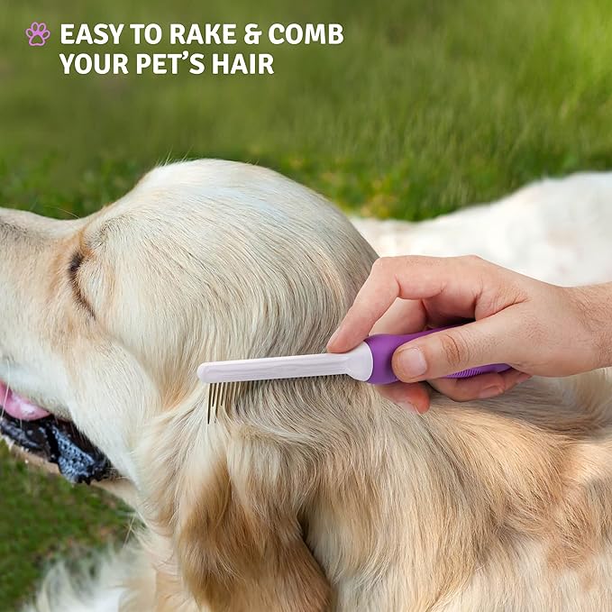 Poodle Pet Detangling Pet Comb with Long & Short Stainless Steel Teeth for Removing Matted Fur, Knots & Tangles – Detangler Tool Accessories for Safe & Gentle DIY Dog & Cat Grooming
